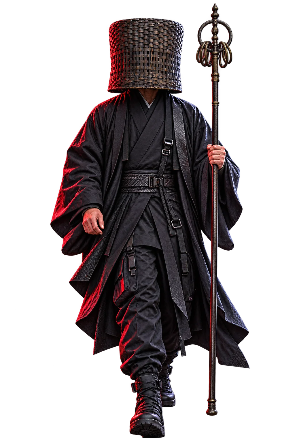 An urban komusō carrying a ringed shakujō stands in the distant alley