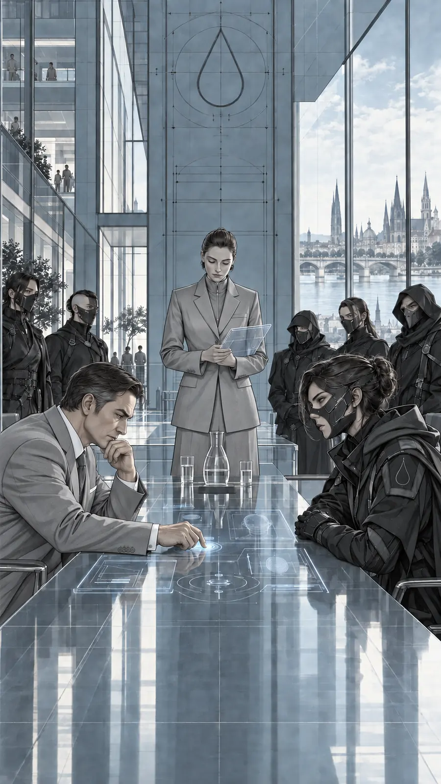 Kuze and Crusaders reviewing a digital contract in a boardroom