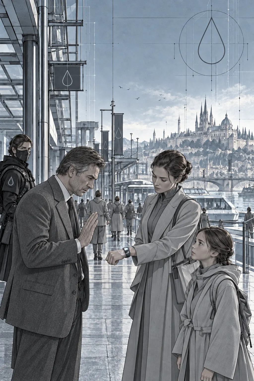 A mother offers Kuze a digital transfer on a waterfront street