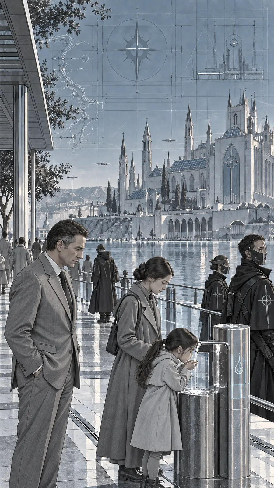 Seafront water station with middle-aged Kuze, a girl, and the Crusaders’ residence