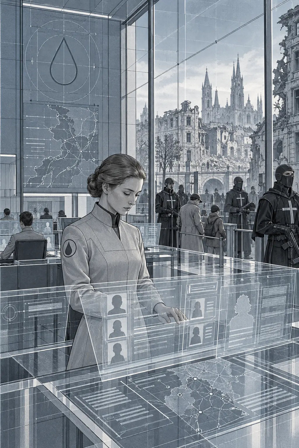 Wartime records officer checking individual entries on digital glass displays