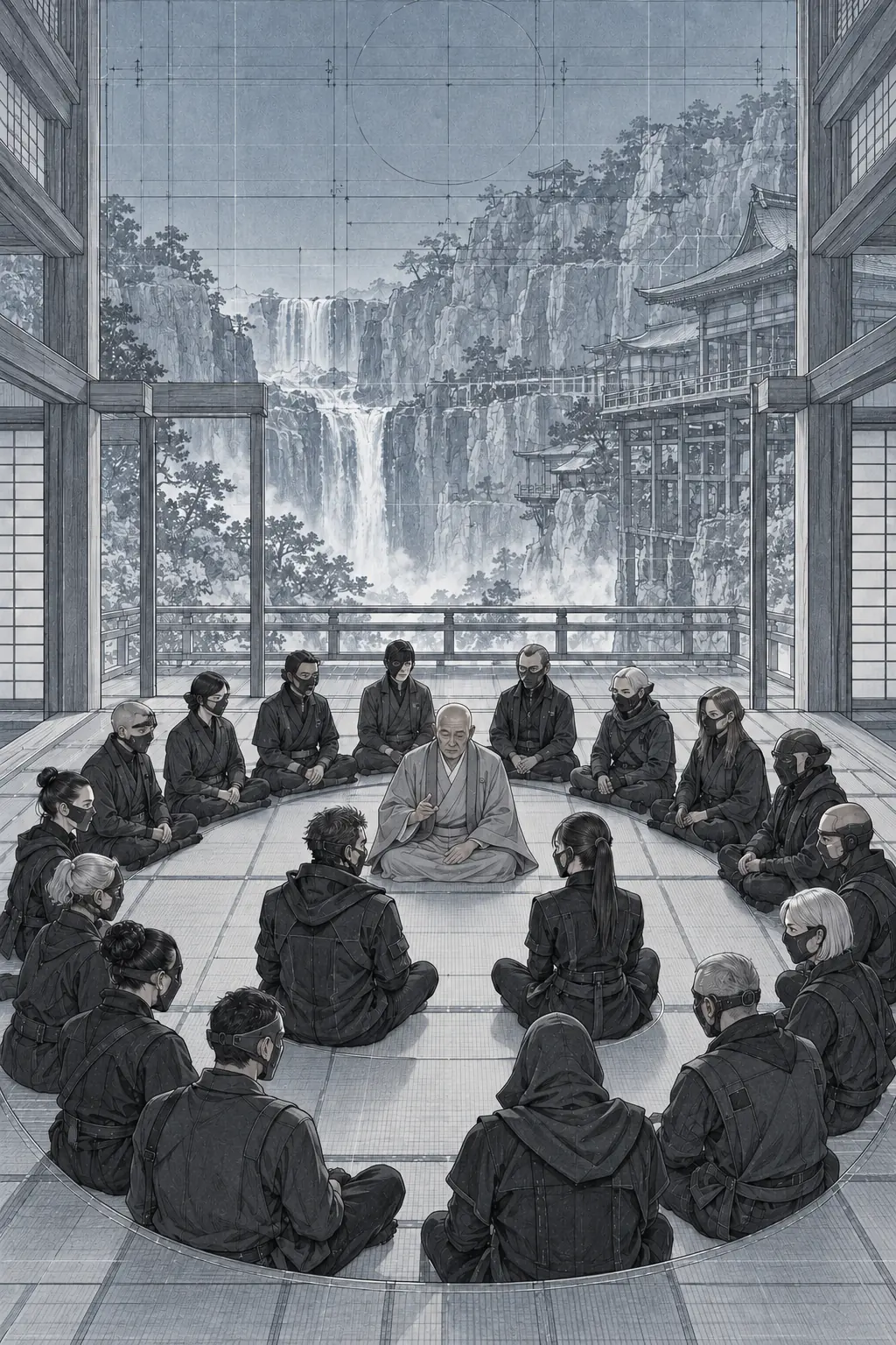 Buddhist temple in a waterfall gorge: sixteen in a circle and two facing Kuze at its center