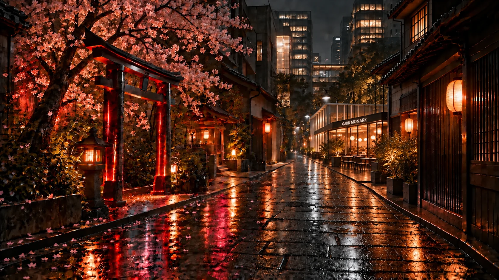 A fictional Osaka alley blending a red-black torii, one cherry blossom tree, wet Hozenji-inspired stone paving, modern glass towers, and a café signed GARB MONARK